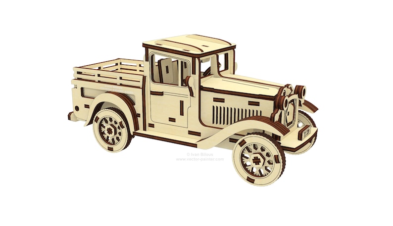May include: A wooden model kit of a vintage pickup truck. The truck is made of light wood with brown accents. The truck has a flatbed and a cab with a windshield and two doors. The truck has four wheels with detailed spokes.