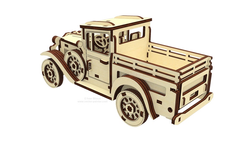 May include: A wooden model kit of a vintage pickup truck. The truck is light brown with dark brown accents. The truck has a flatbed and a cab with a steering wheel and a windshield. The truck is on a white background.