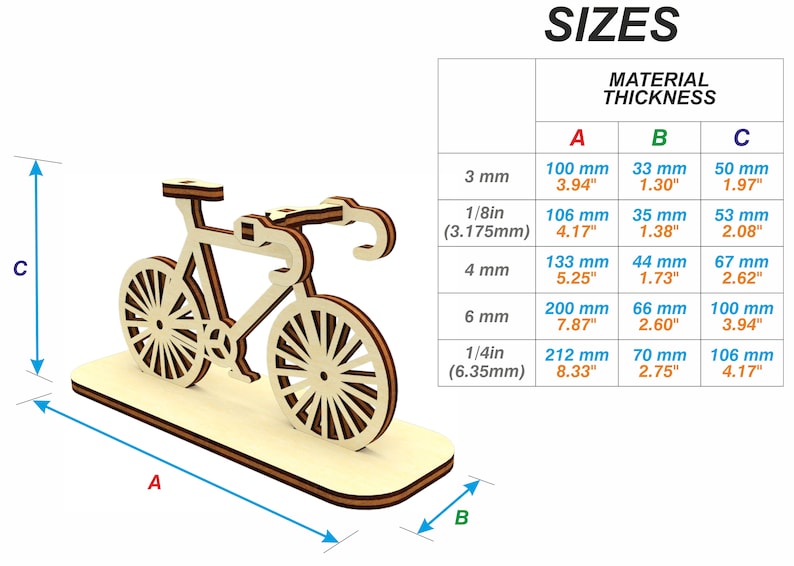 May include: A wooden model of a bicycle with a stand. The model is available in three sizes: 3.94 inches, 4.17 inches, and 8.33 inches. The model is made of wood and has a natural finish.