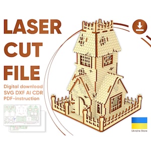 Casa abandonada: archivo cortado con láser, diseño láser de Halloween, plano SVG DXF