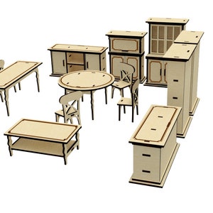 May include: A set of wooden furniture for a dollhouse, including a dining table with four chairs, a round table with four chairs, a coffee table, and five cabinets.