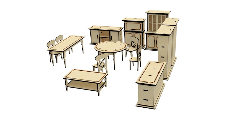 May include: A set of wooden furniture for a dollhouse, including a dining table with four chairs, a round table with four chairs, a coffee table, and five cabinets.