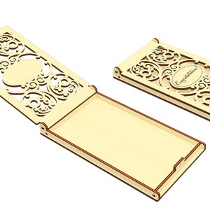 May include: A wooden box with a decorative cutout design and the word "Congratulations" inscribed on the front. The box is open and the inside is empty.