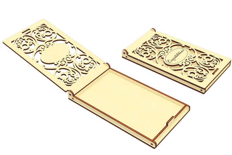 May include: A wooden box with a decorative cutout design and the word "Congratulations" inscribed on the front. The box is open and the inside is empty.