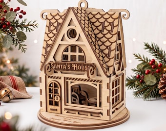 Santa House Christmas Ornament Laser Cut File, 3D Wooden Holiday Decor SVG
