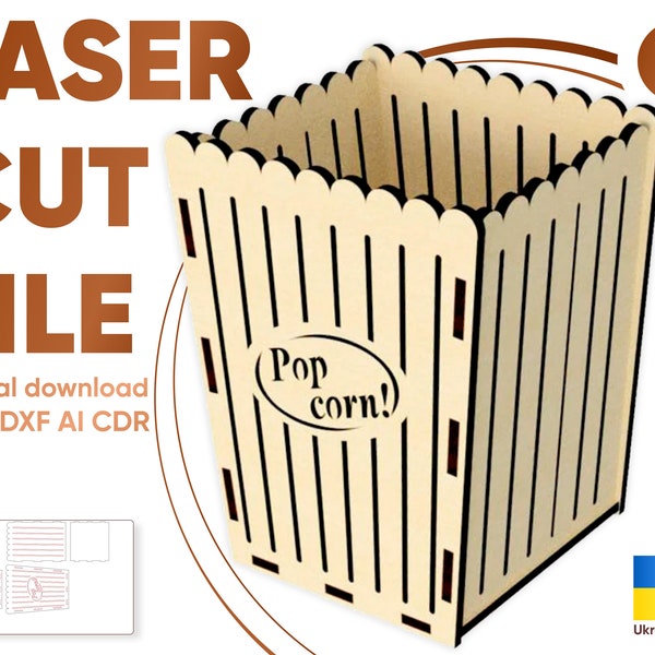 Popcorn Box - SVG Laser Cut File, Digitaal vectorplan voor snijmachines