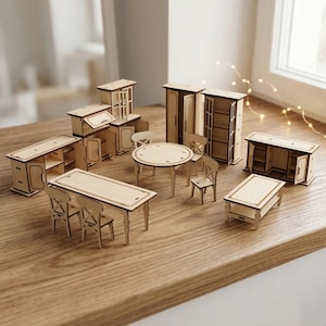 Dollhouse Furniture Laser Cut Bundle, SVG Miniature Table Chair Desk Cupboard Set (Digital Download) image 2