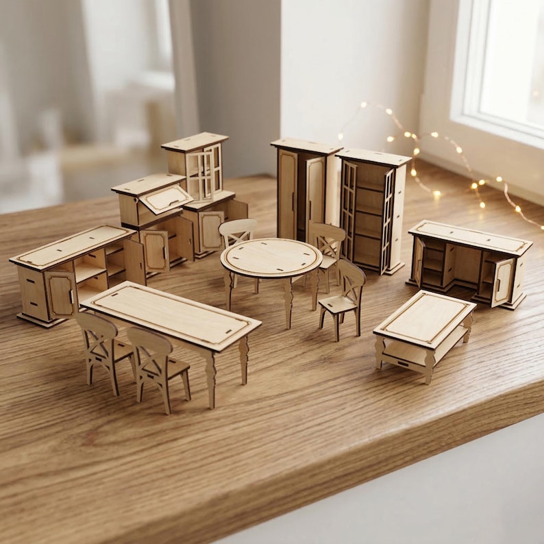 Dollhouse Furniture Laser Cut Bundle, SVG Miniature Table Chair Desk Cupboard Set (Digital Download) image 2