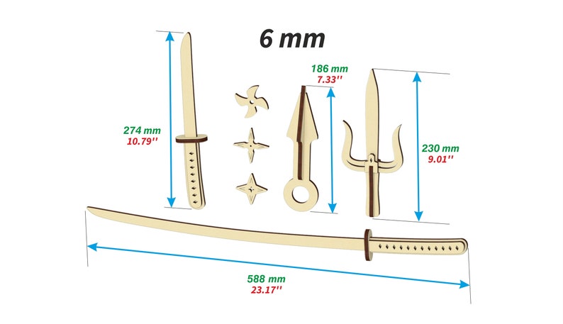 Op de afbeelding: Een set houten wapens, waaronder een katana, een sai, een dolk en drie werpsterren. De wapens zijn allemaal 6 mm dik en worden zowel in inches als millimeters gemeten.