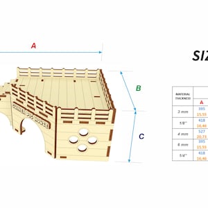 May include: A wooden guinea pig house with a ramp and a platform. The house is made of plywood and has a brown stain. The house is 15.55 inches wide, 9.45 inches deep, and 5.43 inches tall. The house is labeled "Guinea Pig House".