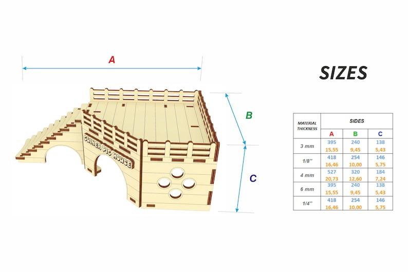 May include: A wooden guinea pig house with a ramp and a platform. The house is made of plywood and has a brown stain. The house is 15.55 inches wide, 9.45 inches deep, and 5.43 inches tall. The house is labeled "Guinea Pig House".