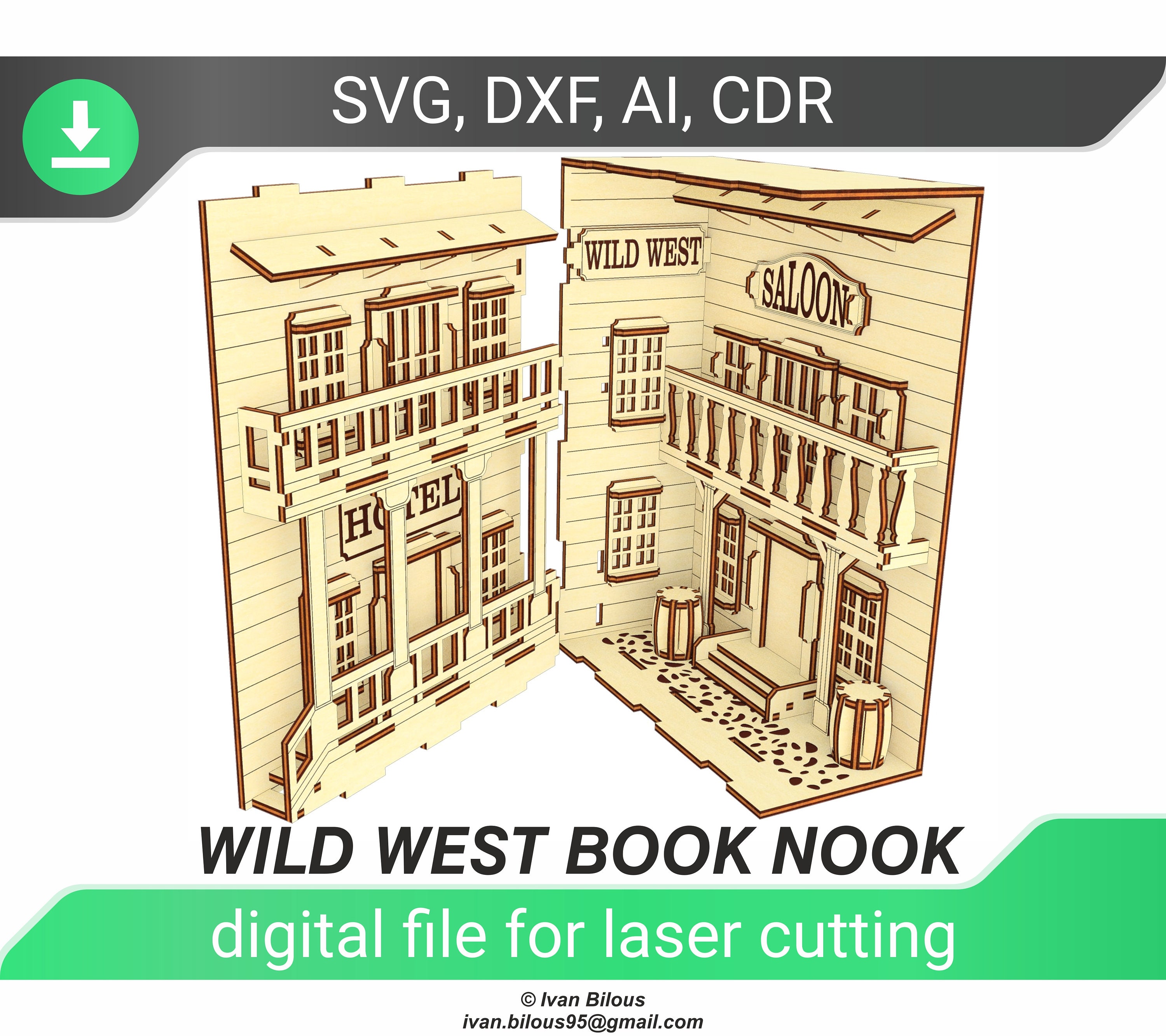 Book nook svg Wild west - fichier découpé au laser, encart d’étagère Western town book nook, motif Glowforge