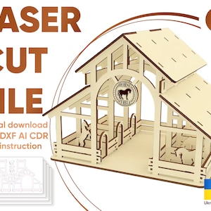 Horse stable Barn - SVG Laser Cut File, Farm Dollhouse 3d puzzle plan for laser cutting