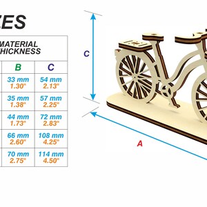 May include: Diagram showing the different sizes of a wooden bicycle model kit. The kit is available in various thicknesses, from 3 mm to 6.35 mm. The dimensions of the model are labeled A, B, and C, with measurements in both inches and millimeters.
