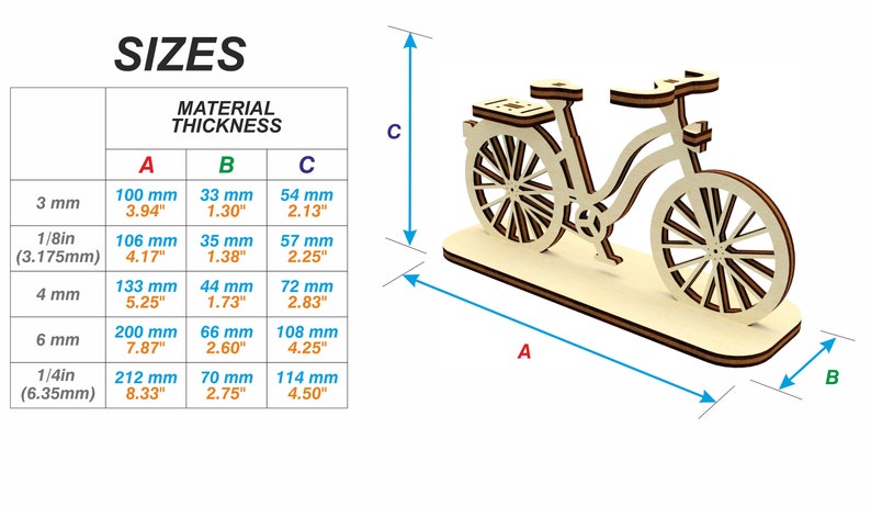 May include: Diagram showing the different sizes of a wooden bicycle model kit. The kit is available in various thicknesses, from 3 mm to 6.35 mm. The dimensions of the model are labeled A, B, and C, with measurements in both inches and millimeters.