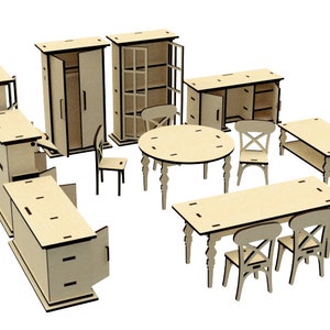 May include: A set of wooden dollhouse furniture, including a wardrobe, a bookcase, a table, a chair, and a bed. The furniture is made of unfinished wood and is ready to be painted or stained.