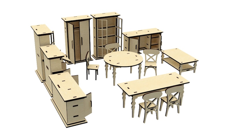 May include: A set of wooden dollhouse furniture, including a wardrobe, a bookcase, a table, a chair, and a bed. The furniture is made of unfinished wood and is ready to be painted or stained.