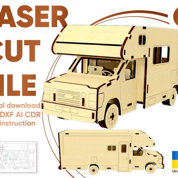 Van Camper Auto - 3D Laser geschnittenes Modell, SVG fertige Dateien für Laser Maschinen