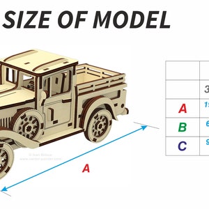 May include: A wooden model of a vintage pickup truck with a detailed design. The model is shown in three dimensions with measurements for length, width, and height in inches and millimeters. The measurements are provided for three different material thicknesses: 3 mm, 1/8 inch (3.175 mm), and 4 mm.