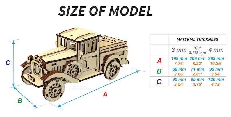 May include: A wooden model of a vintage pickup truck with a detailed design. The model is shown in three dimensions with measurements for length, width, and height in inches and millimeters. The measurements are provided for three different material thicknesses: 3 mm, 1/8 inch (3.175 mm), and 4 mm.