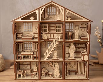 Dollhouse SVG Laser Cut File, Miniature House with Furniture