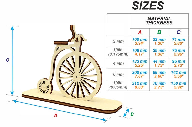 May include: A wooden model of a vintage bicycle with a large front wheel and a smaller back wheel. The model is available in different sizes, with the material thickness ranging from 3 mm to 6.35 mm. The dimensions of the model are shown in millimeters and inches.