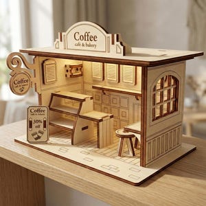 Coffee Shop Miniature Laser Cut File, SVG Wooden Cafe Interior Diorama Template (Digital Download)