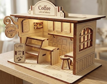 Coffee Shop Miniature Laser Cut File, SVG Wooden Cafe Interior Diorama Template (Digital Download)