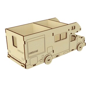 May include: A wooden model of a camper van with a pop-up roof. The model is painted in a light wood color and has a brown trim. The camper van has a window on the side and a door on the front. The model is a great way to add a touch of whimsy to any room.
