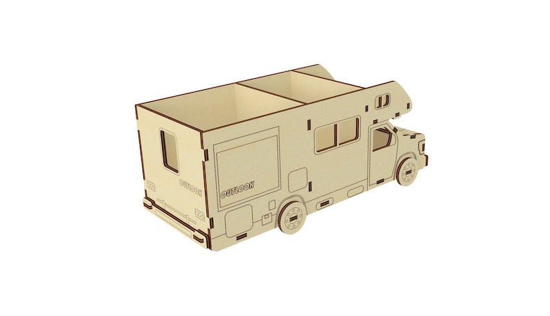 May include: A wooden model of a camper van with a pop-up roof. The model is painted in a light wood color and has a brown trim. The camper van has a window on the side and a door on the front. The model is a great way to add a touch of whimsy to any room.