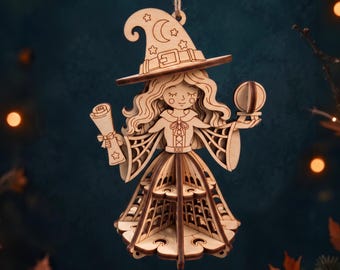 Halloween Witch Ornament Laser Cut File, 3D Wooden Fantasy Decoration SVG