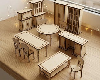 Puppenhaus Möbel Laser Cut Bundle, SVG Miniatur Tisch Stuhl Schreibtisch Schrank Set (Digitaler Download)
