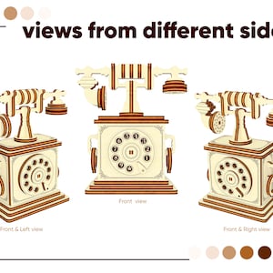 3d puzzle of the Laser Cut vintage phone made from plywood from different sides