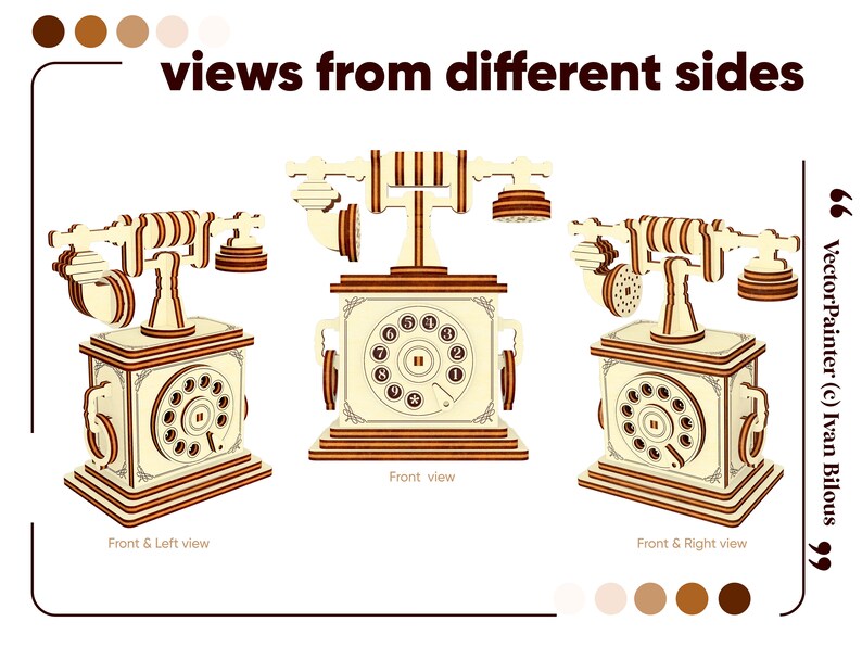 3d puzzle of the Laser Cut vintage phone made from plywood from different sides