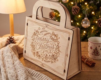 Christmas Gift Bag Laser Cut File, Holiday Box with Handle SVG