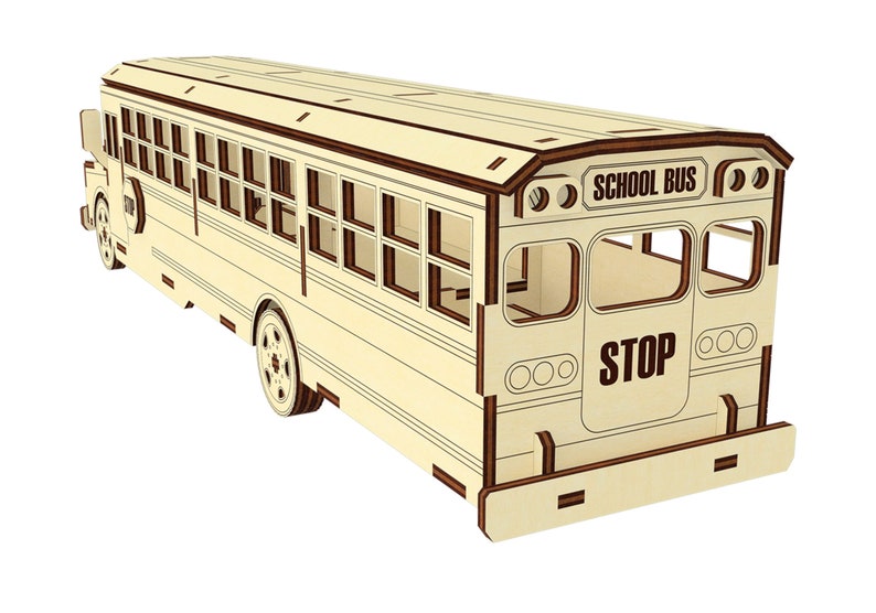 Puede incluir: Un modelo de madera de un autob&uacute;s escolar amarillo con detalles marrones. El autob&uacute;s tiene un letrero de "SCHOOL BUS" en la parte trasera y un letrero de "STOP" en el parachoques trasero.
