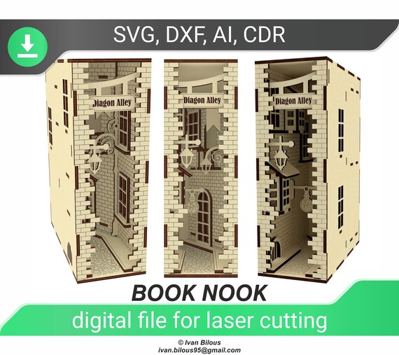 livre nook svg diagon alley file for laser cut glowforge svg shelf insert alley laser file book nook laser pattern digital file svg,ai