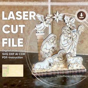 Nativity Scene - Laser Cut File, Christmas Small Schwibbogen plan of Holy Family with Angel and Animals