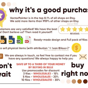 May include: A graphic with a yellow star badge and text that reads "why it's a good purchase". The graphic lists reasons why buying from VectorPainter is a good purchase, including being in the top 0.1% of shops on Etsy, having the best reviews, offering ready-made designs, and providing a full pack of files. The graphic also includes a message about saving up to a third of your money by buying in bulk and using promo codes. The graphic ends with the text "don't wait buy right now".
