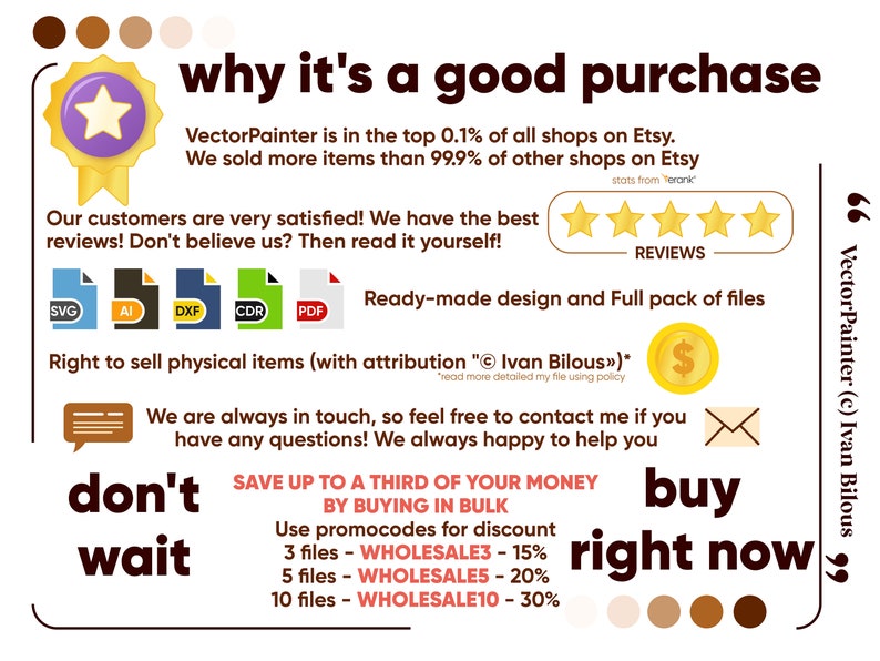 May include: A graphic with a yellow star badge and text that reads "why it's a good purchase". The graphic lists reasons why buying from VectorPainter is a good purchase, including being in the top 0.1% of shops on Etsy, having the best reviews, offering ready-made designs, and providing a full pack of files. The graphic also includes a message about saving up to a third of your money by buying in bulk and using promo codes. The graphic ends with the text "don't wait buy right now".