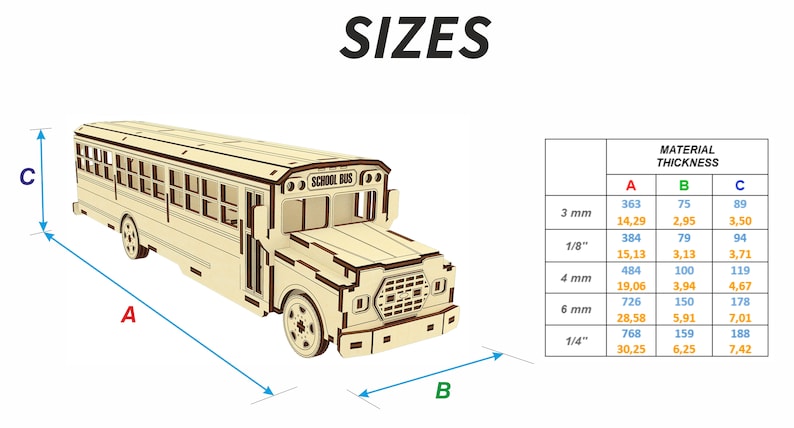 Puede incluir: Un kit de modelo de madera de un autob&uacute;s escolar con las palabras "SCHOOL BUS" impresas en el lateral. El kit est&aacute; disponible en diferentes tama&ntilde;os, con las dimensiones indicadas en una tabla. La tabla muestra las dimensiones en pulgadas y mil&iacute;metros, as&iacute; como el grosor del material.