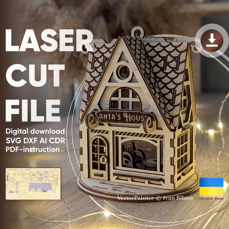 Santa Claus House Laser Cut File, SVG plan for Glowforge and Cutting Machines image 1