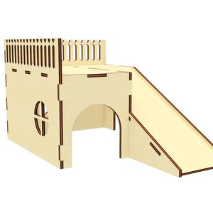 May include: A wooden play structure with a slide and a small window. The structure is made of light wood and has a small, arched doorway.