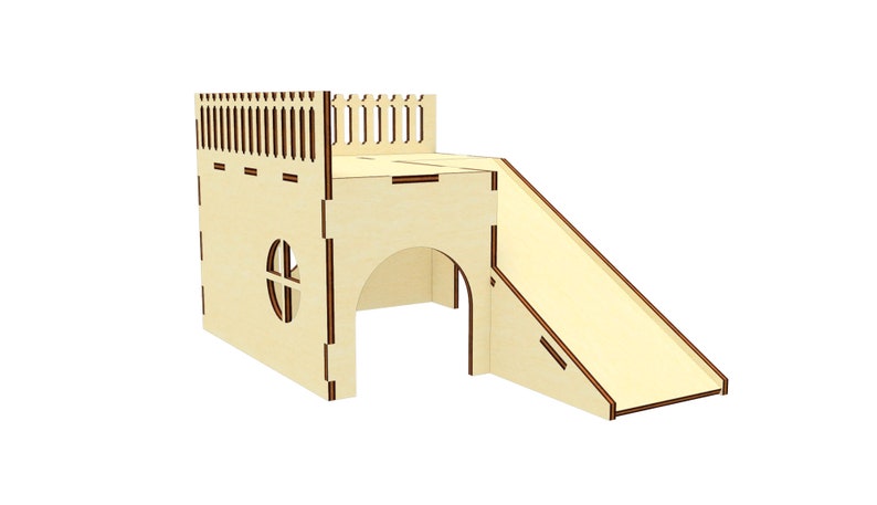 May include: A wooden play structure with a slide and a small window. The structure is made of light wood and has a small, arched doorway.