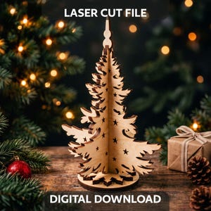 Fichier de découpe laser 3D d'un sapin de Noël, décoration de table en bois avec étoiles découpées (SVG)