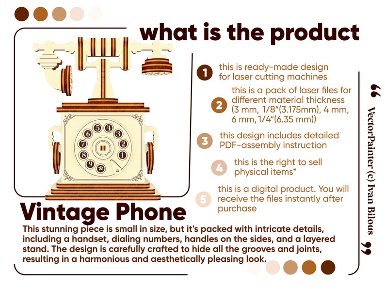 Laser Cut vintage phone made from plywood, including a handset, dialing numbers, handles on the sides, and a layered stand. This is a pack of laser files for different material thicknesses (3 mm, 1/8" (3.175mm), 4 mm, 6 mm, 1/4" (6.35 mm)).