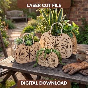 Set of 3 Garden Flower Baskets SVG,  Plant Box Laser Cut File
