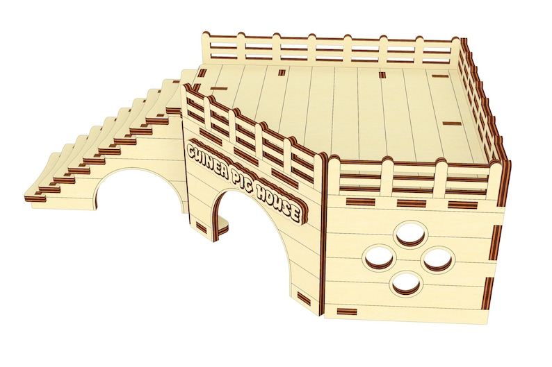 May include: Wooden guinea pig house with a ramp, a platform, and a large arched entrance. The house is painted in a light wood color with brown accents. The text "Guinea Pig House" is printed on the front of the house.