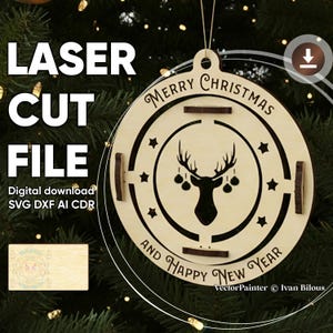 Laser cut reindeer Christmas ornament hanging on a tree – circular wooden decoration with stars, SVG DXF digital file template