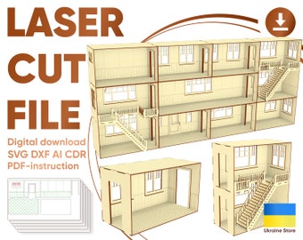 Dollhouse 1:12 room blocks - laser cut file, SVG plan for laser cutting machines
